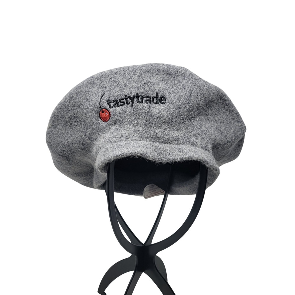 Vtg 90s Heather Gray Wool Beret Hat Embroidered Cherry Tastytrade Logo Finance